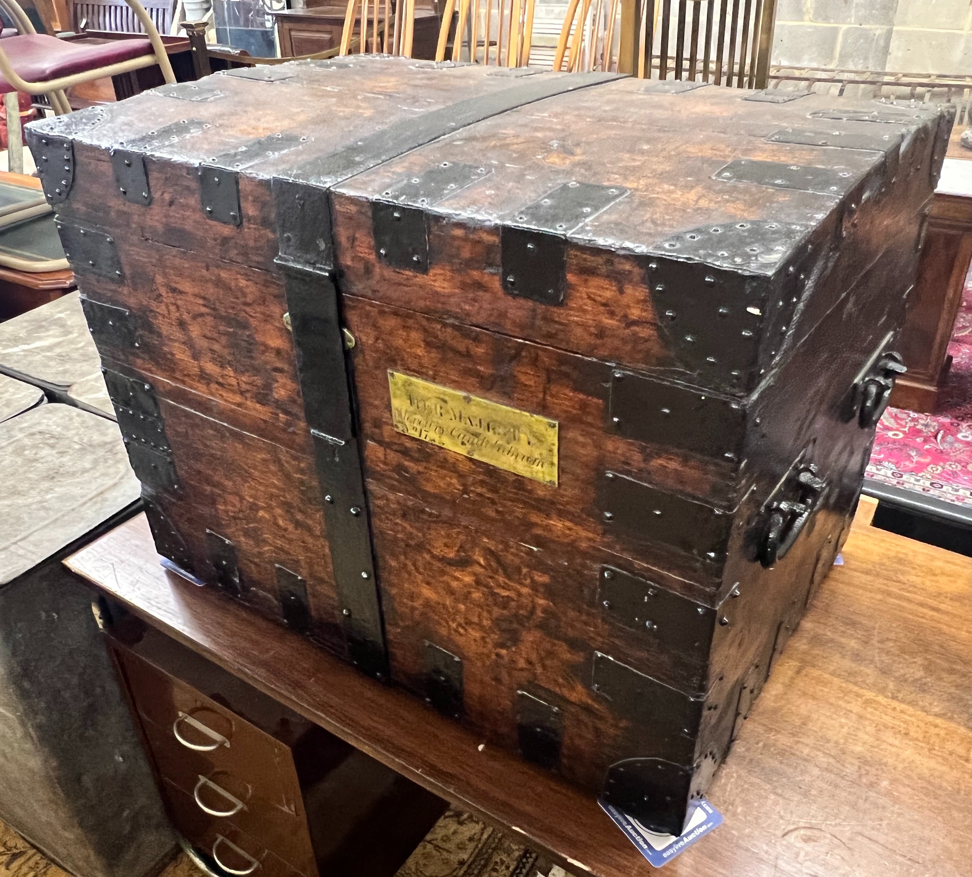 A Victorian iron bound oak silver chest, with engraved brass plaque 'Her Majesty Mercury Candelabrum No.17', width 81cm depth 56cm height 62cm